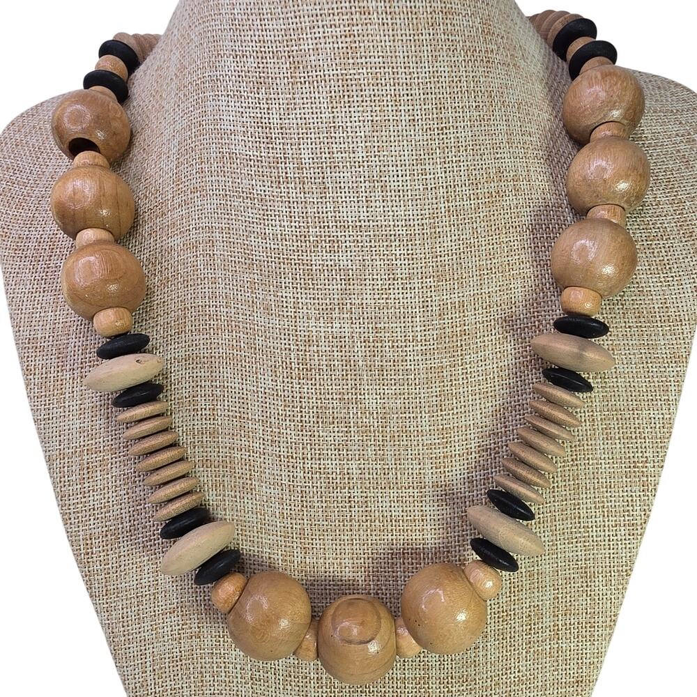 Vintage Earthy Necklace Wood Bead Black Brown 24 Inch Big Beads